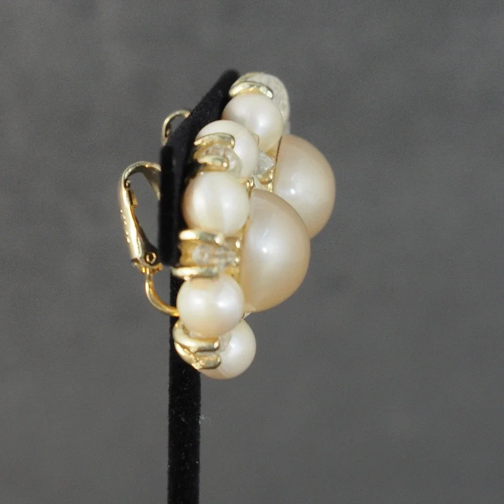Coro Clip On Earrings Cluster Gold Tone Faux Pearl Dome Cabochon Vintage Signed